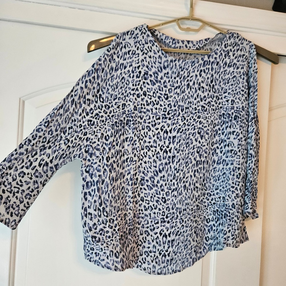 Charlie Paige Blue Leopard Print‎ Split Sleeve Blouse Top Office Career